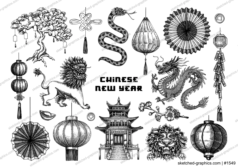 Chinese New Year decoration in sketch style. China sketches. Hand-drawn vector illustrations set. NOT AT generated