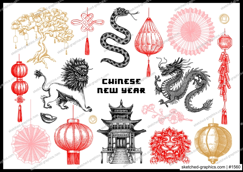 Chinese New Year decoration in sketch style. China sketches. Hand-drawn vector illustrations set. NOT AT generated