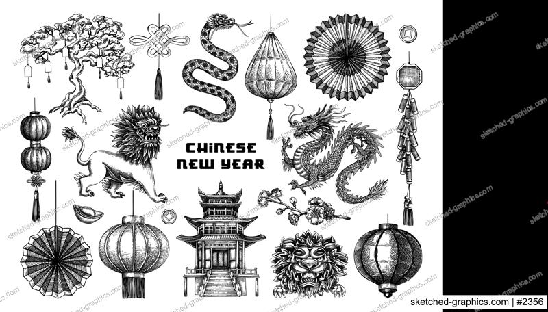 Chinese New Year decoration in sketch style. China sketches. Hand-drawn vector illustrations set. NOT AT generated