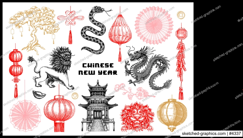 Chinese New Year decoration in sketch style. China sketches. Hand-drawn vector illustrations set. NOT AT generated