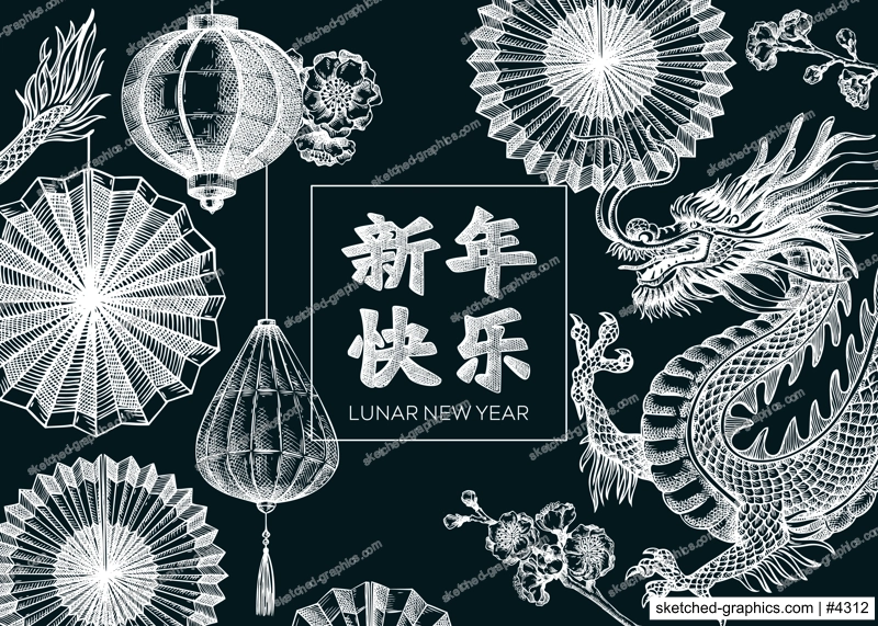 China background. Chinese New Year frame design. Dragon chalk drawing. NOT AI generated