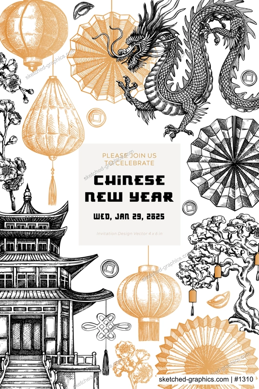 Chinese New Year invitation template. Lunar New Year greeting card design. China hand drawn vector illustrations. NOT AI generated