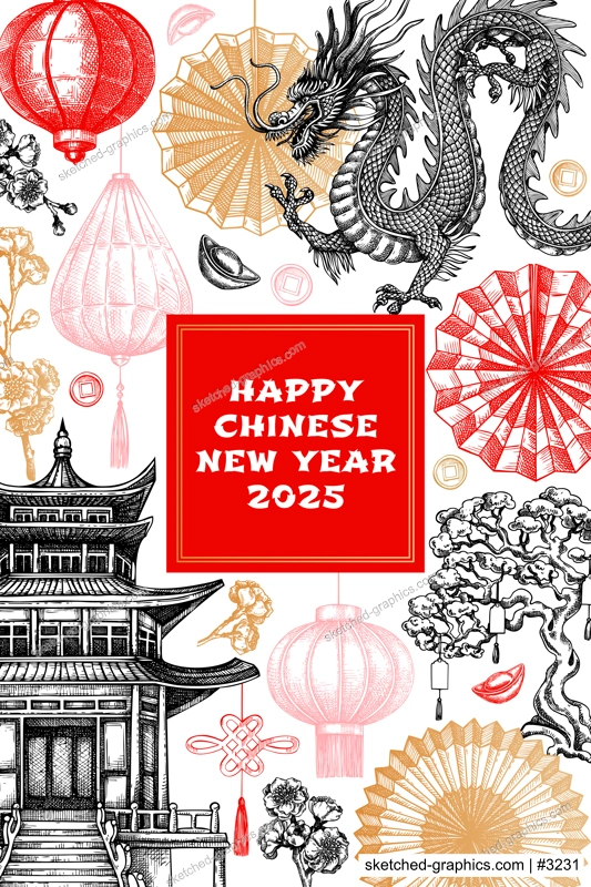 Chinese New Year invitation template. Lunar New Year greeting card design. China hand drawn vector illustrations. NOT AI generated