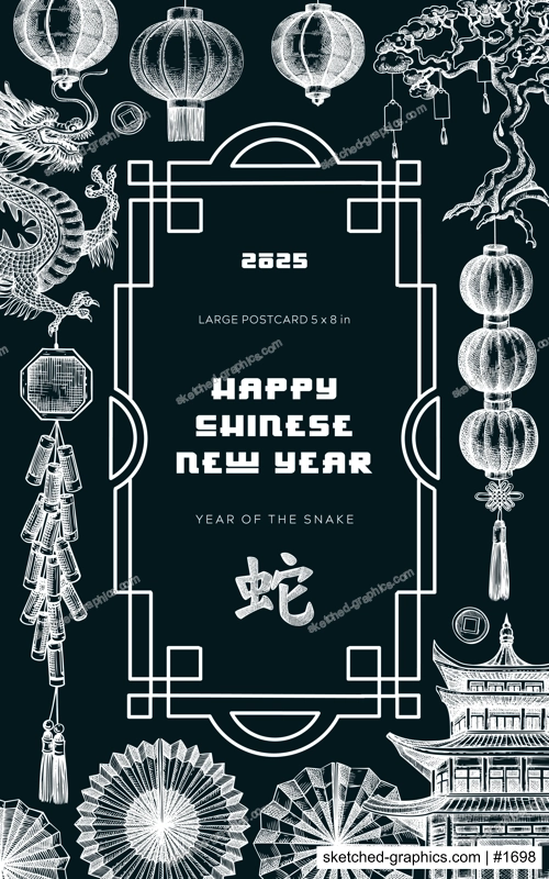 Chinese New Year postcard in Toile style. China sketches 0n chalkboard. Hand-drawn vector illustrations set. NOT AT generated