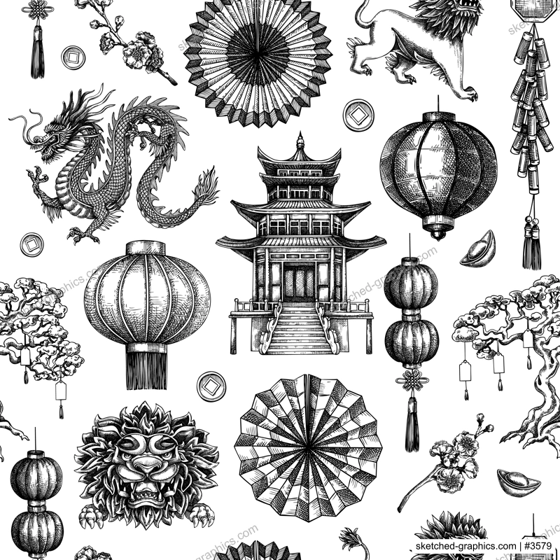 Traditional China seamless pattern. Chinese New Year dbackground. Hand-drawn vector illustrations. NOT AI generated