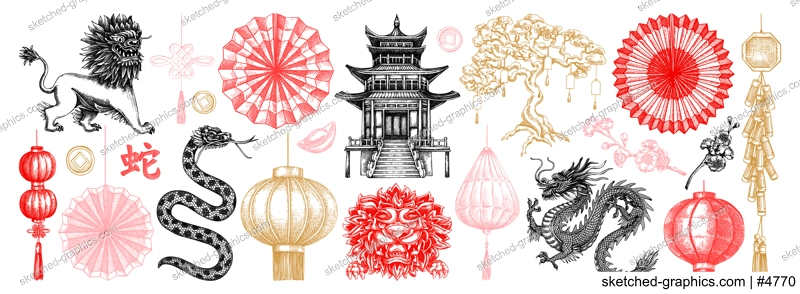 Traditional China sketches set. Chinese New Year decoration. Hand-drawn vector illustrations. NOT AI generated