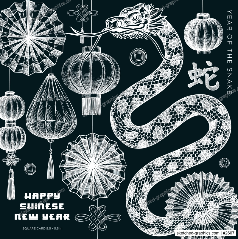 Chinese New Year greeting card. Fantasy snake chalk drawing. Lunar New Year 2025 square design. Hand-drawn vector illustration. Not AI generated