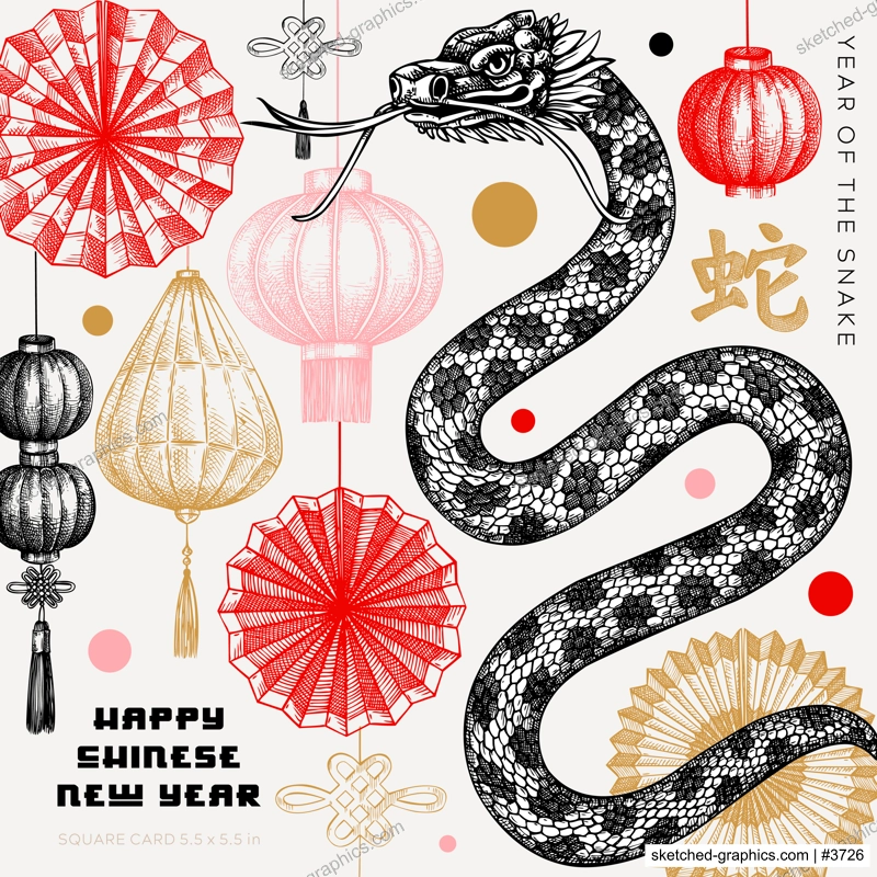 Chinese New Year greeting card. Fantasy snake sketch. Lunar New Year 2025 square design. Hand-drawn vector illustration. Not AI generated