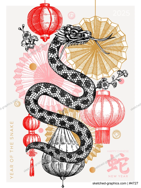Chinese New Year Poster. Decorative snake sketch. China art print. Hand-drawn vector illustration. NOT AI generated