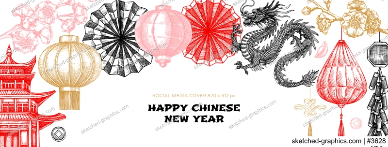 China style web banner template. Chinese New Year website design. Hand-drawn vector illustration. NOT AI generated