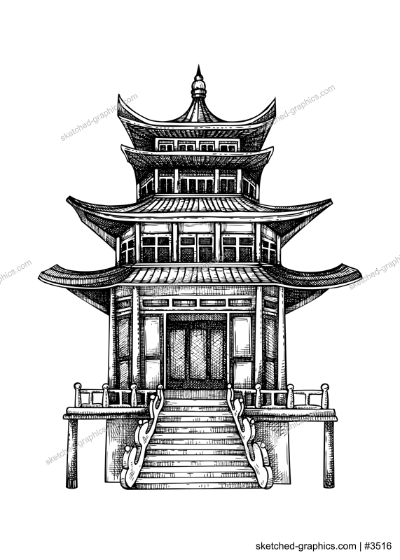 Vector Chinese architecture landmark. Pagoda sketch. Oriental building drawing. China hand drawn vector illustration. NOT AI-generated