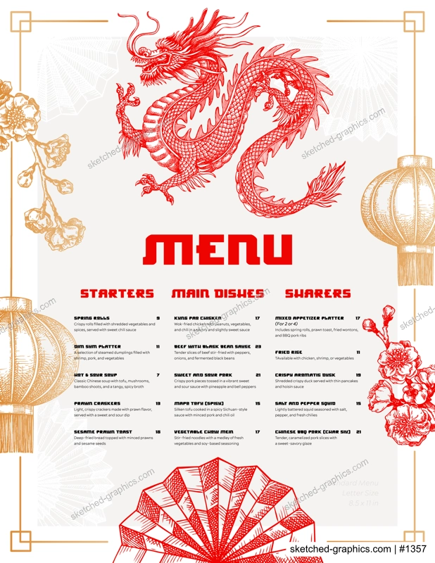 Chinese restaurant menu design template. Fantasy dragon sketch. Hand drawn vector illustration. 