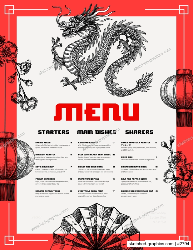 Chinese restaurant menu design template. Fantasy dragon sketch. Hand drawn vector illustration. 