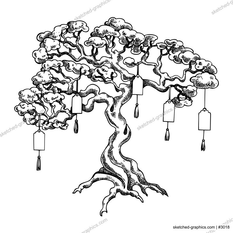 Chinese wishing tree sketch. Lunar New Year 2025. Hand drawn vector illustration. NOT AI generated