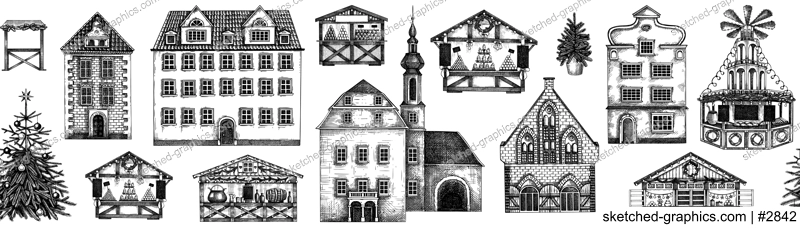 Christmas background. Architecture seamless pattern. Christmas fair border. Old building sketch, hand-drawn vector illustration. NOT AI generated