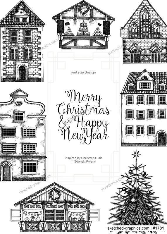 Merry Christmas card template. Architecture sketch. Christmas fair flyer. Hand-drawn vector illustration.NOT AI generated