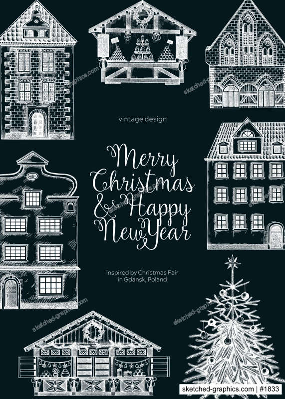 Merry Christmas card template. Architecture sketch on chalkboard. Christmas fair flyer. Hand-drawn vector illustration.NOT AI generated