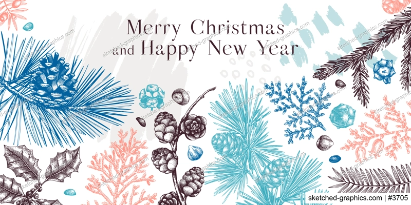Merry Christmas background. Collage style banner with winter trees, evergreen plants, conifers and nuts drawing. Vector design with hand drawn botanical illustrations. Trendy New Year card template