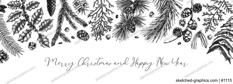 Merry Christmas background. Vintage winter trees, evergreen plants, conifers, and nuts sketches. Vector design with hand drawn botanical elements. Christmas card and New year invitation templates