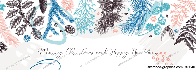 Merry Christmas background. Collage style banner with winter trees, evergreen plants, conifers and nuts drawing. Vector design with hand drawn botanical illustrations. Trendy New Year card template