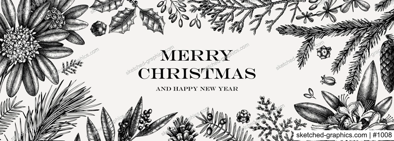 Christmas banner design. Vector frame with hand sketched winter flowers, evergreen plants and conifers. Vintage background with botanical elements. Engraved style vintage winter illustration.