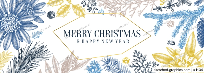 Christmas banner design in color. Vector frame with hand sketched winter flowers, evergreen plants and conifers. Vintage background with botanical elements. Engraved style vintage winter illustration.
