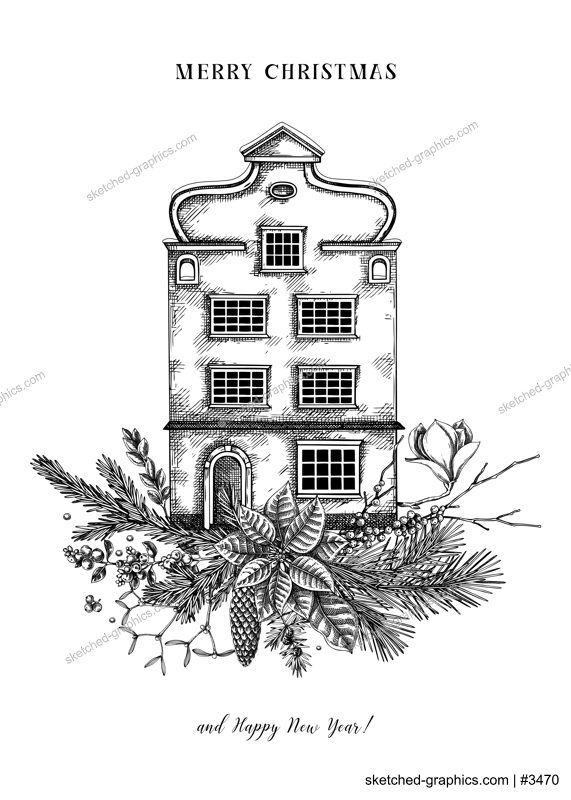 Merry Christmas card design. New Year flyer template. Architecture sketch. Winter decoration. Hand-drawn floral illustration. Floral art. NOT AI generated