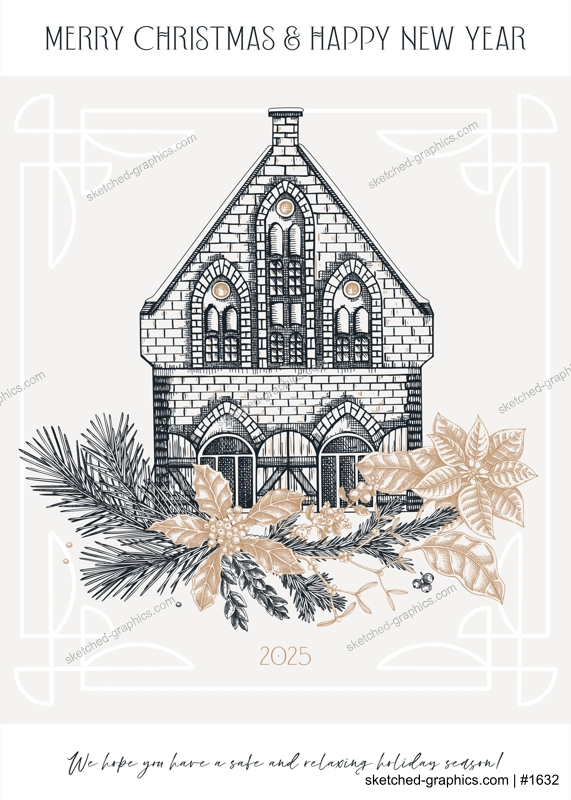 Merry Christmas card design. New Year flyer template. Architecture sketch. Winter decoration. Hand-drawn floral illustration. Floral art. NOT AI generated