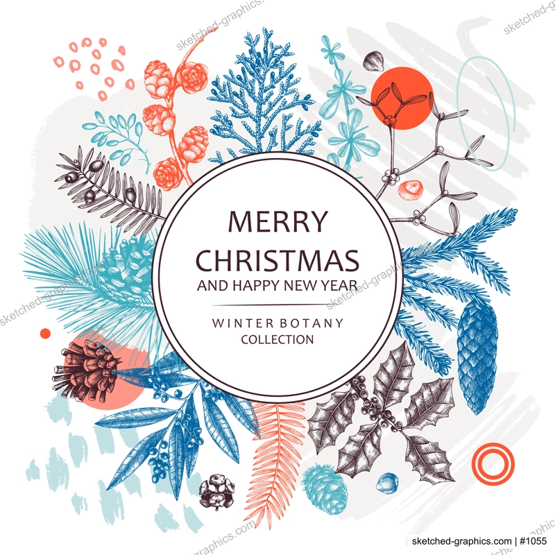 Merry Christmas card. Collage-style banner with evergreen plants, conifers, and nuts drawing. Winter design with hand-drawn botanical illustrations. Trendy Christmas background, New Year card template