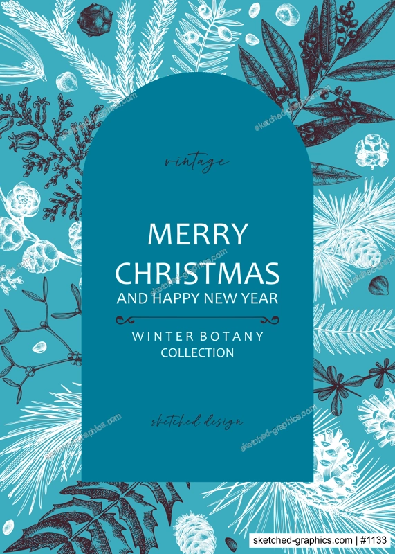 Merry Christmas card. Collage-style banner with evergreen plants, conifers, and nuts drawing. Winter design with hand-drawn botanical illustrations. Trendy Christmas background, New Year card template