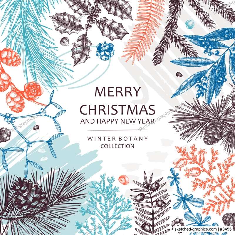 Merry Christmas card. Collage-style banner with evergreen plants, conifers, and nuts drawing. Winter design with hand-drawn botanical illustrations. Trendy Christmas background, New Year card template