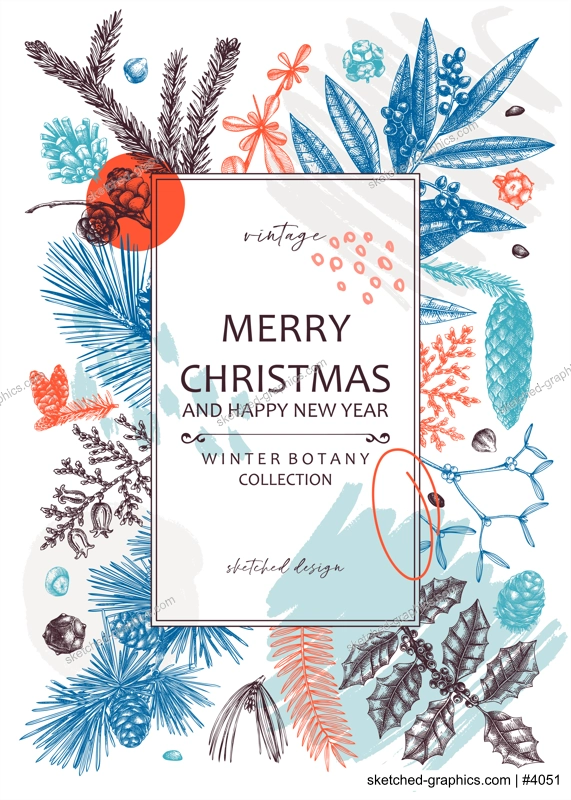 Merry Christmas card. Collage-style banner with evergreen plants, conifers, and nuts drawing. Winter design with hand-drawn botanical illustrations. Trendy Christmas background, New Year card template