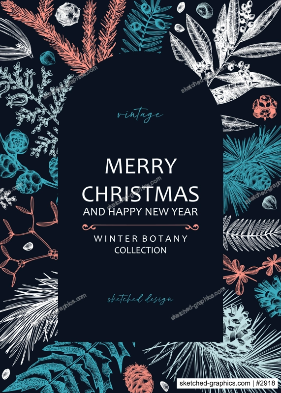 Merry Christmas card  on chalkboard with evergreen plants, conifers, and nuts drawing. Winter design with hand-drawn botanical illustrations. Vintage Christmas background, New Year invitation template