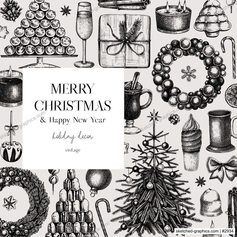 Christmas card design. Hand drawn vector illustration. Winter holiday background. Christmas tree decoration, Christmas wreath, hot dinks, sweets and gift sketches. Vintage template