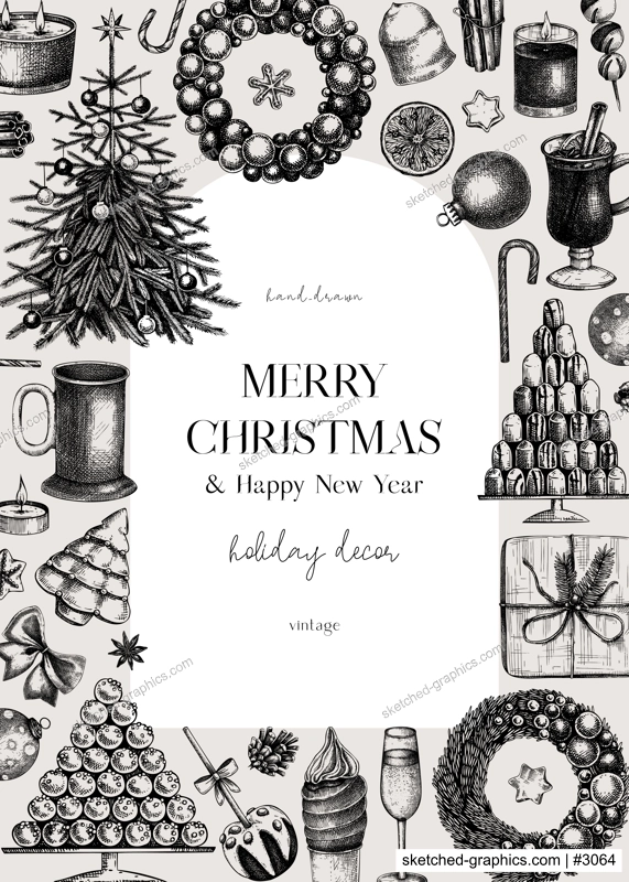 Christmas card design. Hand drawn vector illustration. Winter holiday background. Christmas tree decoration, Christmas wreath, hot dinks, sweets and gift sketches. Vintage template