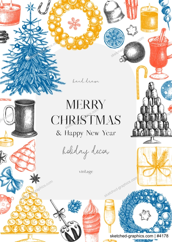 Christmas card design. Hand drawn vector illustration. Winter holiday background. Christmas tree decoration, Christmas wreath, hot dinks, sweets and gift sketches in color