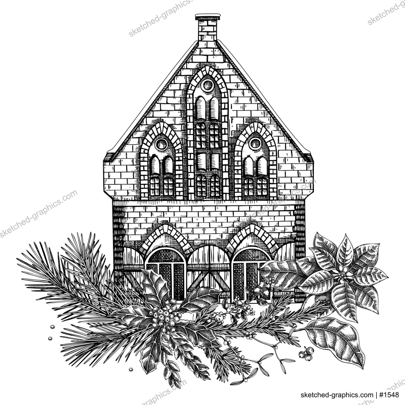 Christmas card design. European architecture sketch. Vintage brick house drawing. Winter trees hand-drawn vector illustration. NOT AI generated