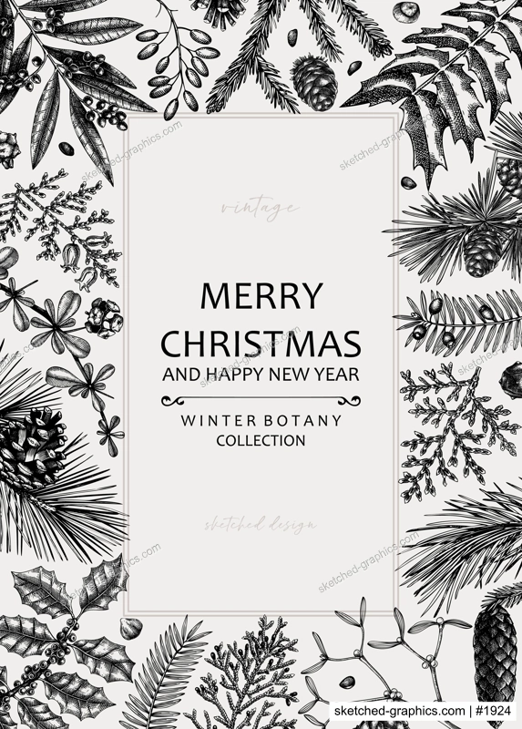 Merry Christmas card. Square frame with evergreen plants, conifers, and nuts drawing. Winter design with hand-drawn botanical illustrations. Christmas background, New Year invitation template