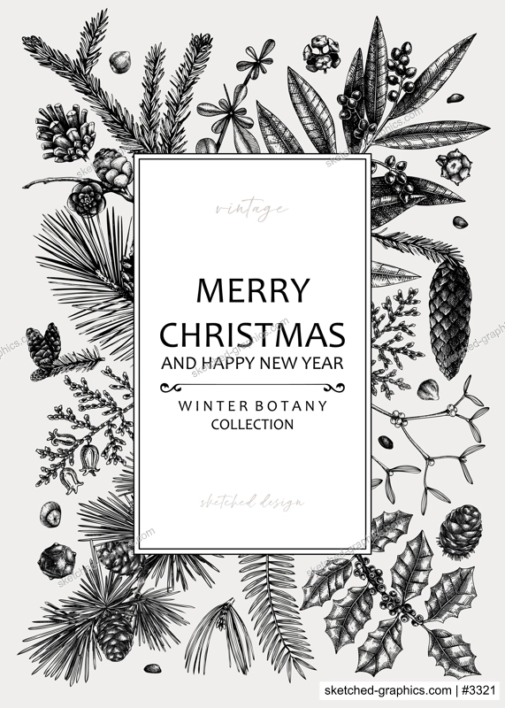 Merry Christmas card. Square frame with evergreen plants, conifers, and nuts drawing. Winter design with hand-drawn botanical illustrations. Christmas background, New Year invitation template