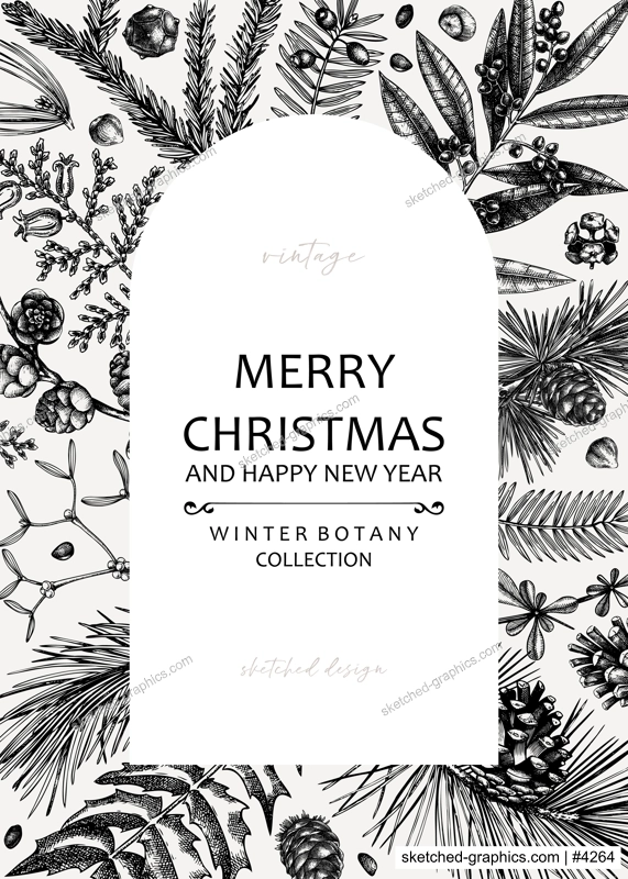 Merry Christmas card. Square frame with evergreen plants, conifers, and nuts drawing. Winter design with hand-drawn botanical illustrations. Christmas background, New Year invitation template