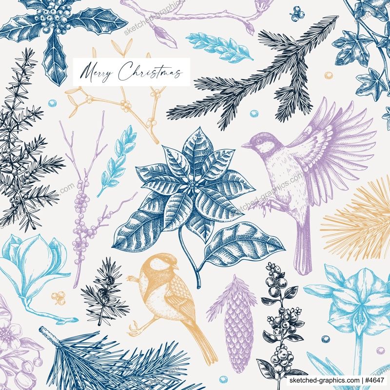 Merry Christmas card design. Winter flowers, conifer trees, birds sketches. Winter holiday flyer template. Hand drawn vector illustration. NOT AI generated