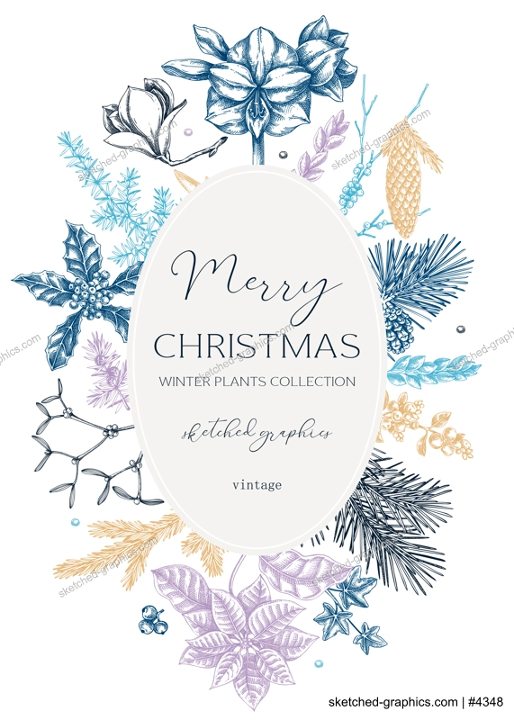 Merry Christmas card design in color. Winter wedding invitation template. Conifer trees, winter flowers sketches. Hand drawn floral illustration. NOT AI generated