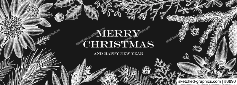 Christmas banner design on chalkboard. Vector frame with hand sketched winter flowers, evergreen plants and con. Vintage background with botanical elements. Engraved style vintage winter illustration.