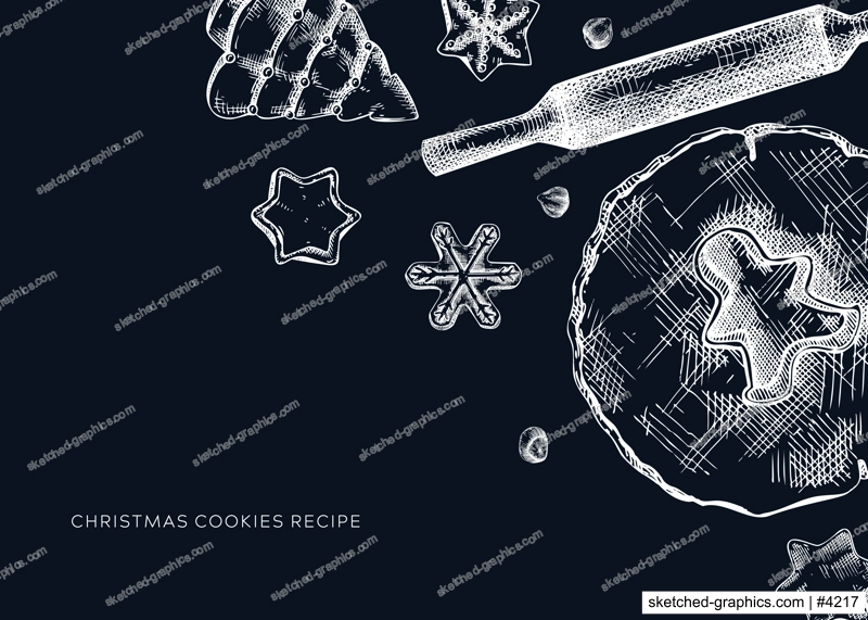 Christmas cookies banner on chalkboard. Sketched cooking process elements set: cookies, dough, rolling pin. Home-made cookies hand-drawings for Christmas decor, menu, recipe, banner, greeting cards.