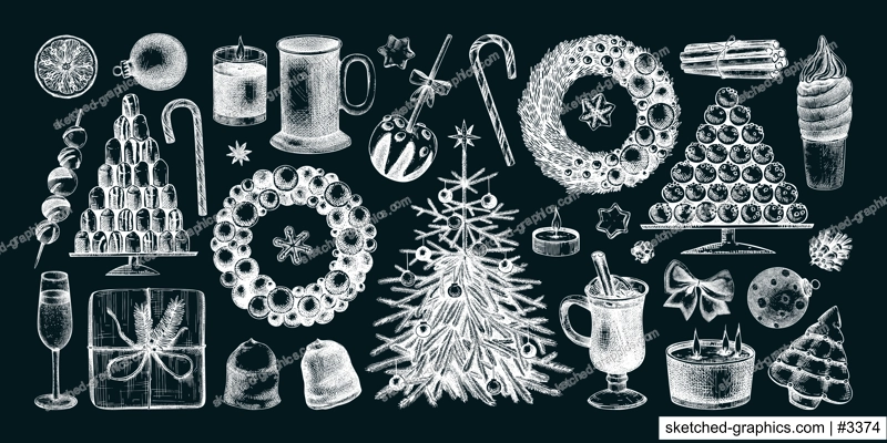 Christmas decoration elements. Hand drawn vector illustrations set. Winter holiday design. Christmas tree decoration, Christmas wreath, hot drinks, candies, cookies, sweets sketches on chalkboard