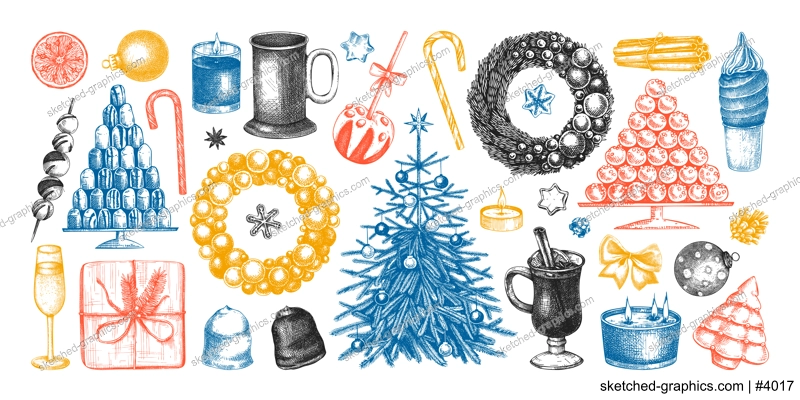 Christmas decoration elements. Hand drawn vector illustrations set. Winter holiday design. Christmas tree decoration, Christmas wreath, hot drinks, candies, cookies, sweets sketches