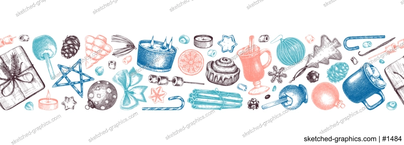Christmas decoration - gifts, sweets, Christmas tree decor, candles, hot drinks and spices sketches. Vintage seamless ribbon for winter holiday. New Year background in color. 