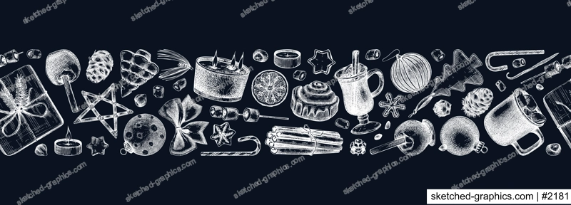 Christmas decoration - gifts, sweets, Christmas tree decor, candles, hot drinks and spices sketches. Vintage seamless ribbon for winter holiday. New Year background on chalkboard