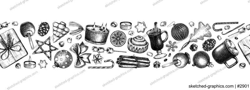 Christmas decoration - gifts, sweets, Christmas tree decor, candles, hot drinks and spices sketches. Vintage seamless ribbon for winter holiday. New Year background black and white.