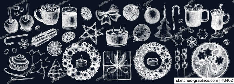 Christmas decoration - wreaths, gifts, sweets, Christmas tree decor, hot drinks and spices sketches. Vintage design elements for winter holyday on chalkboard. New Year greeting card or invitation.